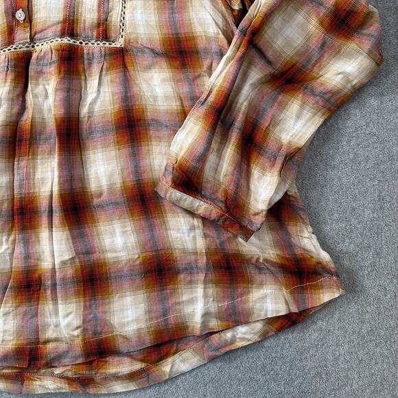Da-sh Plaid Peasant Blouse Women's XL Long Sleeve Orange Cream Red Boho Button - Picture 2 of 8